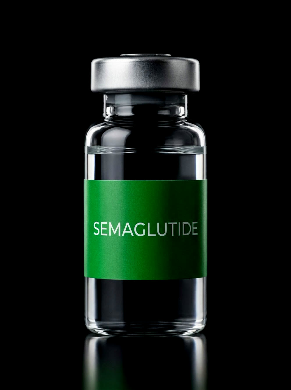 Semaglutide vial, dark rim-lit background