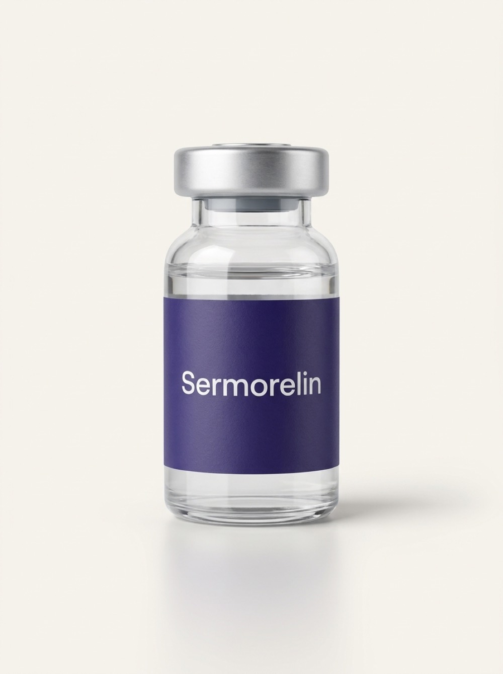 Sermorelin vial, cream studio background